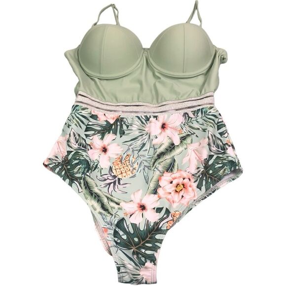 Tropical & Pineapple Print Green Peach One Piece Swimsuit - Picture 3 of 15